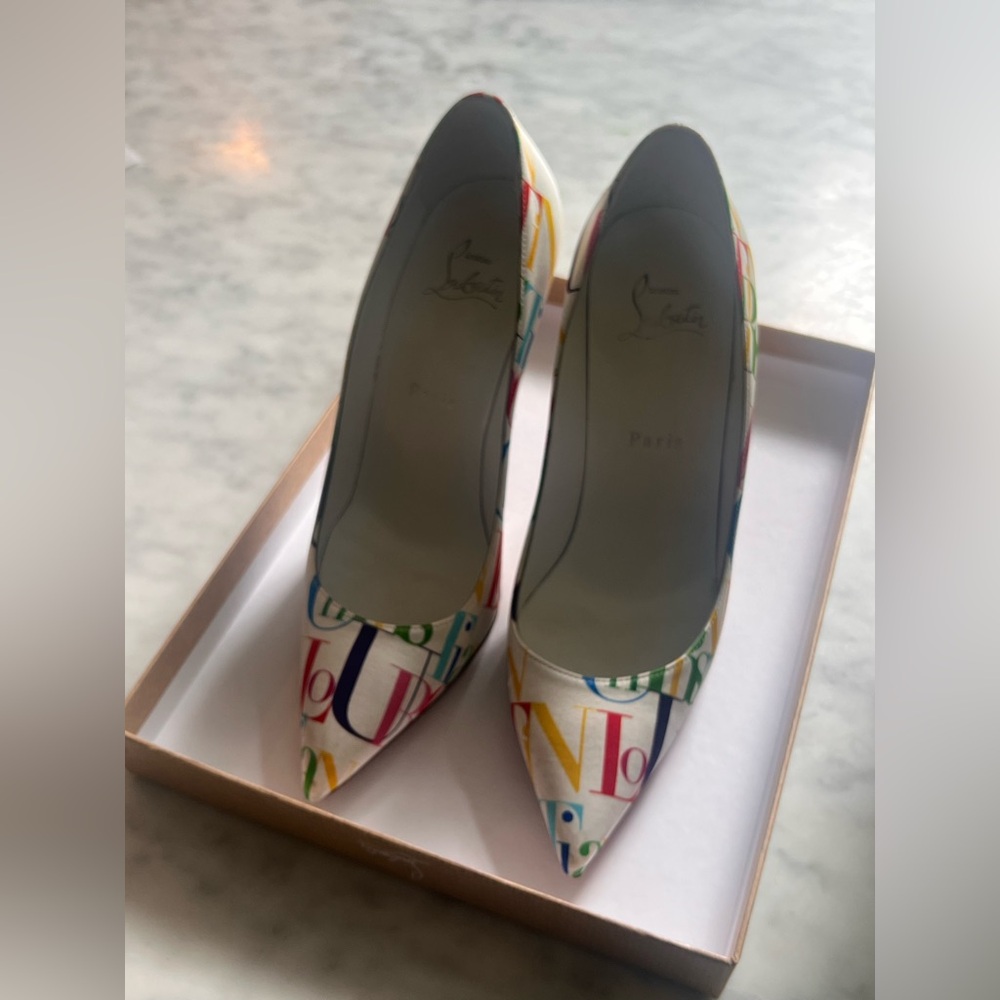 Christian Louboutin Multicolor Logo Print Pointed Toe Pumps on White - Picture 5 of 7